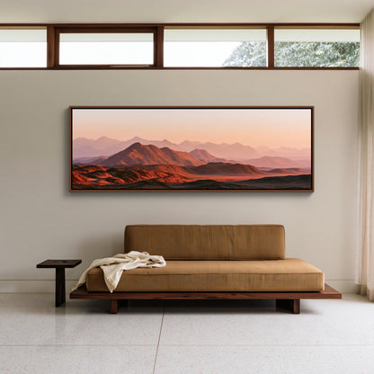Red desert mountains sunset panoramic canvas wall art, terracotta peaks under a peach sky