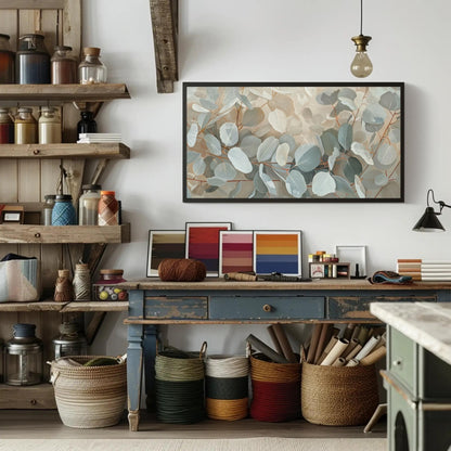 Eucalyptus Leaves Oil Painting canvas wall art shown in a styled interior