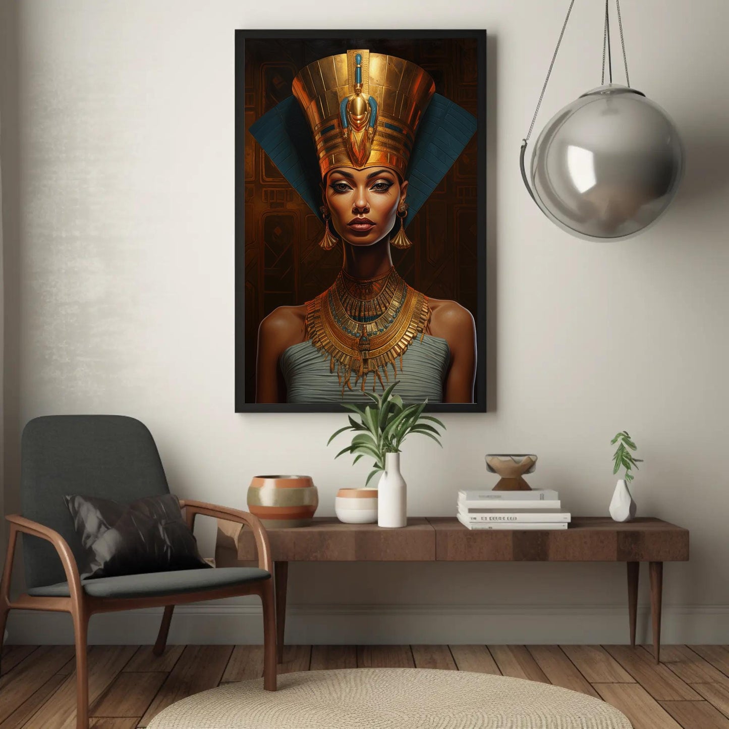 Queen Nefertiti , Egyptian Royal Black canvas wall art shown in a styled room