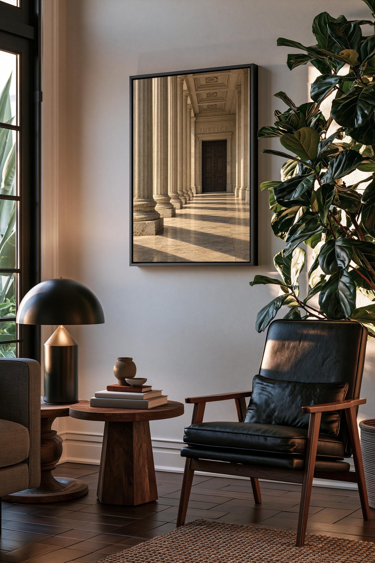 a serene and elegant living room with a large window, a wooden floor, and a black leather chair. A framed picture of a hallway with columns is hanging on the wall, and a plant is placed on the windowsill.
