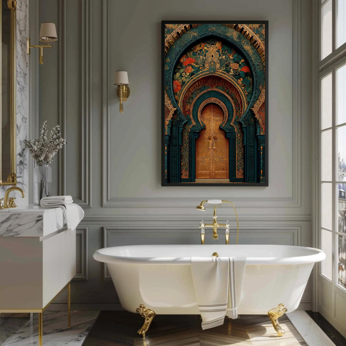 Moroccan palace archway canvas wall art, bathroom with a tub and a painting on the wall