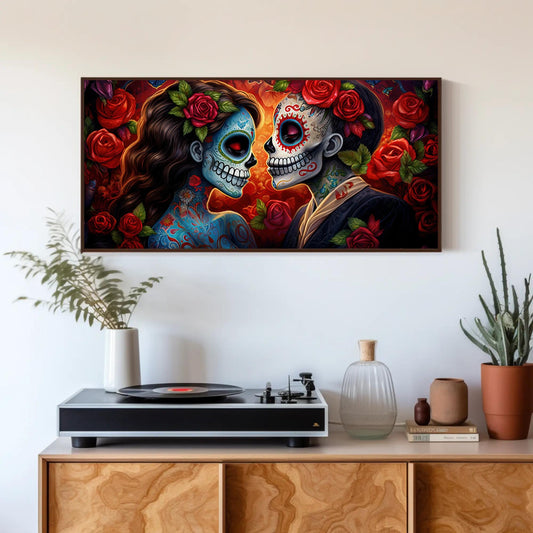 Sugar Skull Canvas Art - Framed Panoramic Painting | Vibrant Mexican Wall Decor