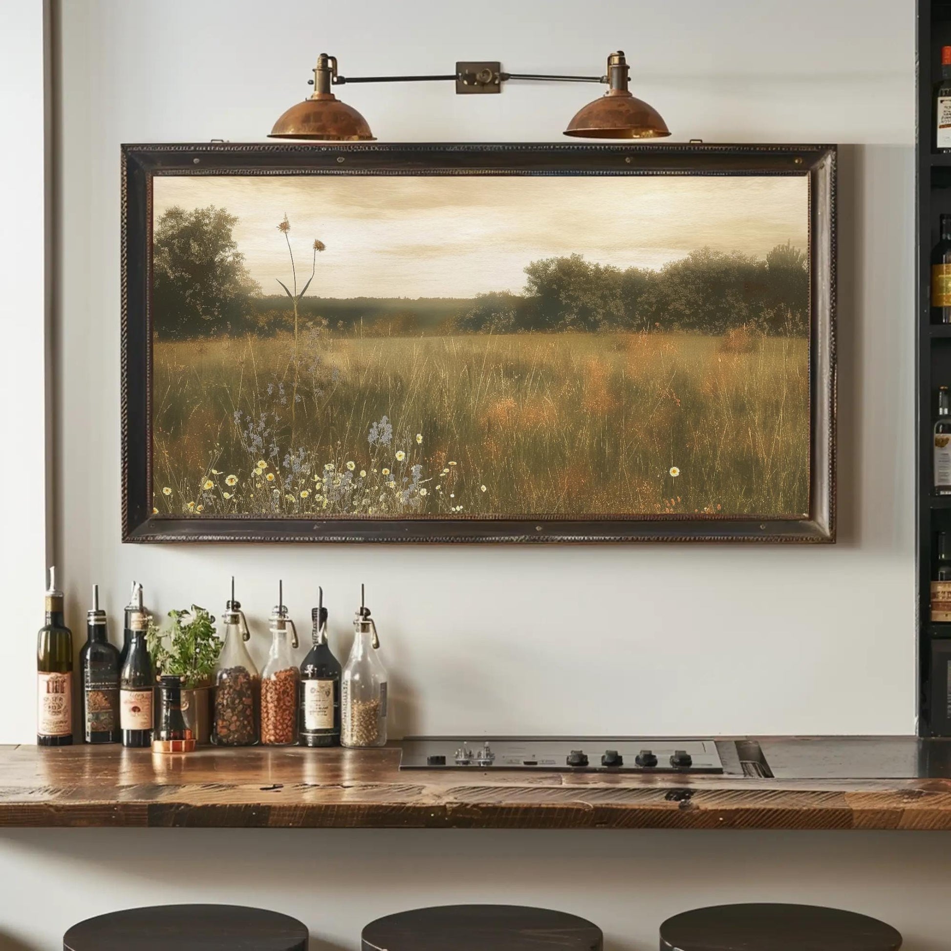 Wildflower Field Painting canvas wall art shown in a styled room