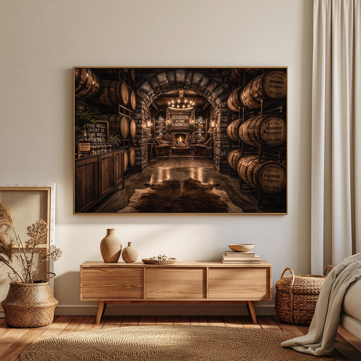 a rustic wine cellar with wooden barrels lining the walls and a wooden barrel rack. The cellar has a warm, inviting atmosphere with a fireplace and a chandelier. The room is decorated with various items, including vases, books, and a rug, creating a cozy and inviting ambiance.