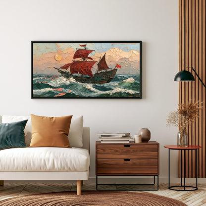 a large painting of a sailing ship on a stormy sea, hanging on a wall above a white sofa and a wooden side table.