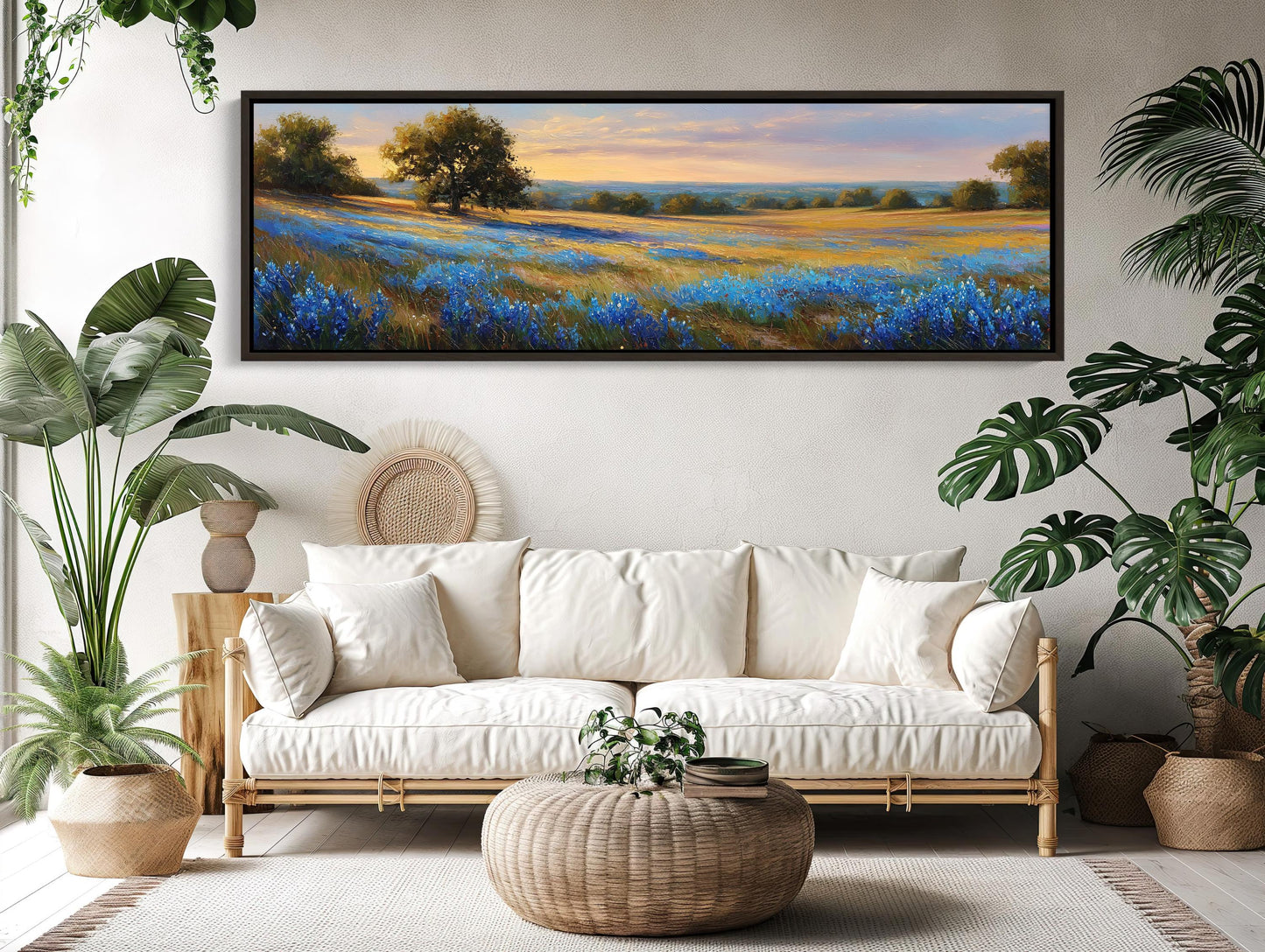 Texas Bluebonnet , Panoramic Sunset canvas wall art shown in a living room