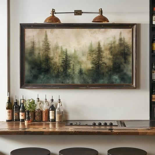 a rustic kitchen scene with a large framed painting of a forest on the wall above a wooden countertop with various bottles and jars.