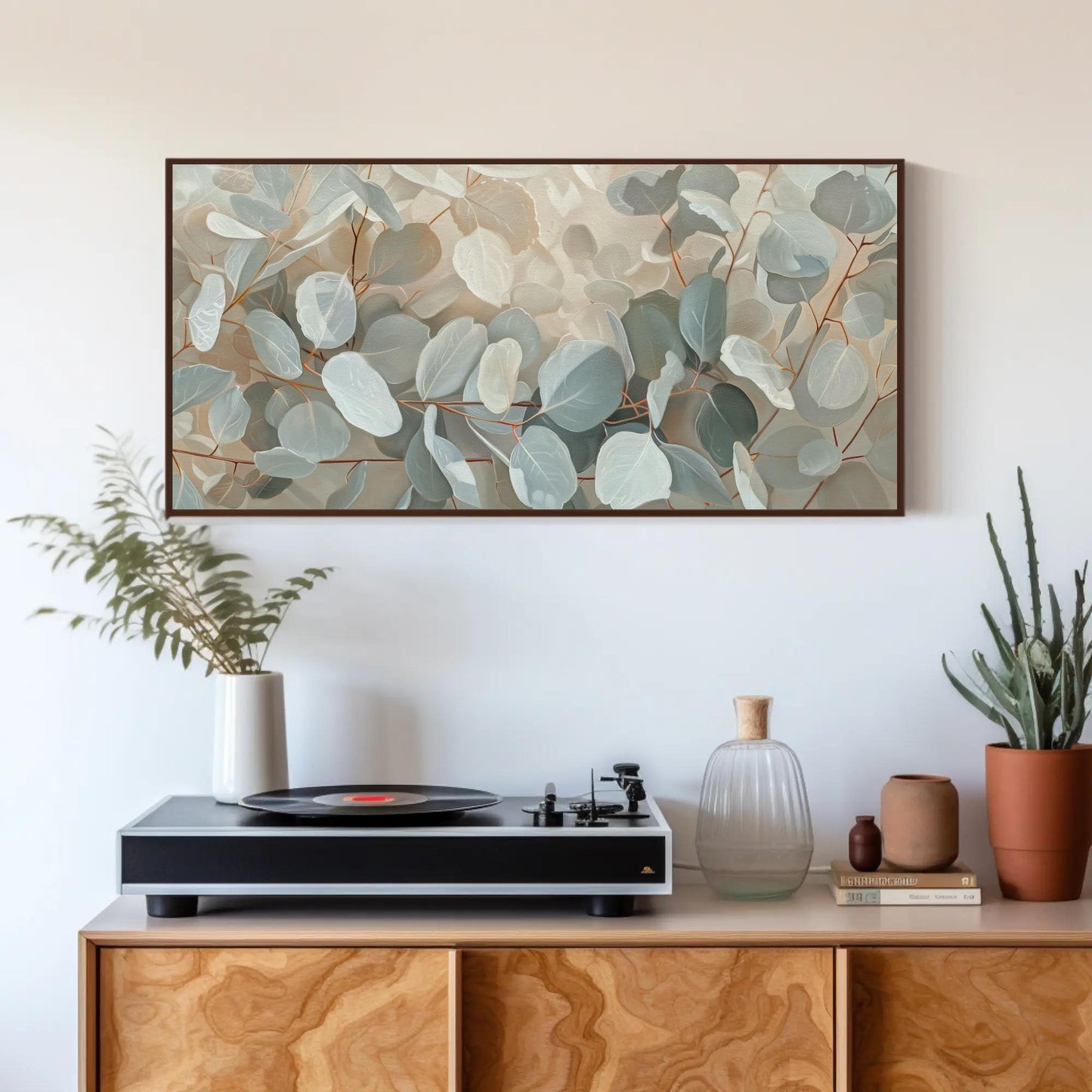 Eucalyptus Leaves Oil Painting canvas wall art shown above a cabinet