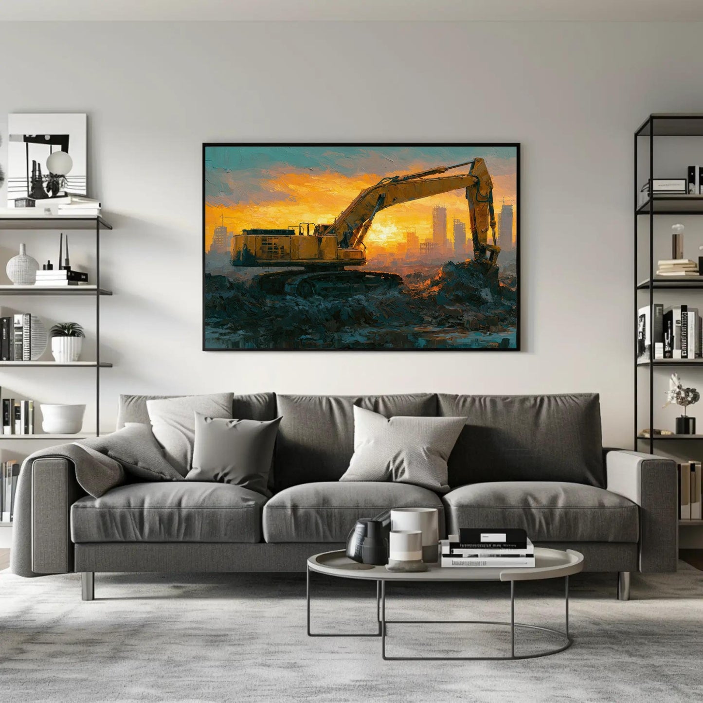 Excavator canvas wall art shown in a living room