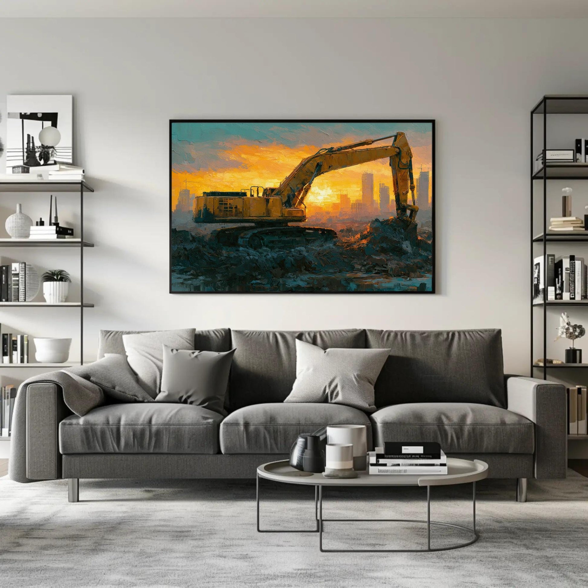 Excavator canvas wall art shown in a living room