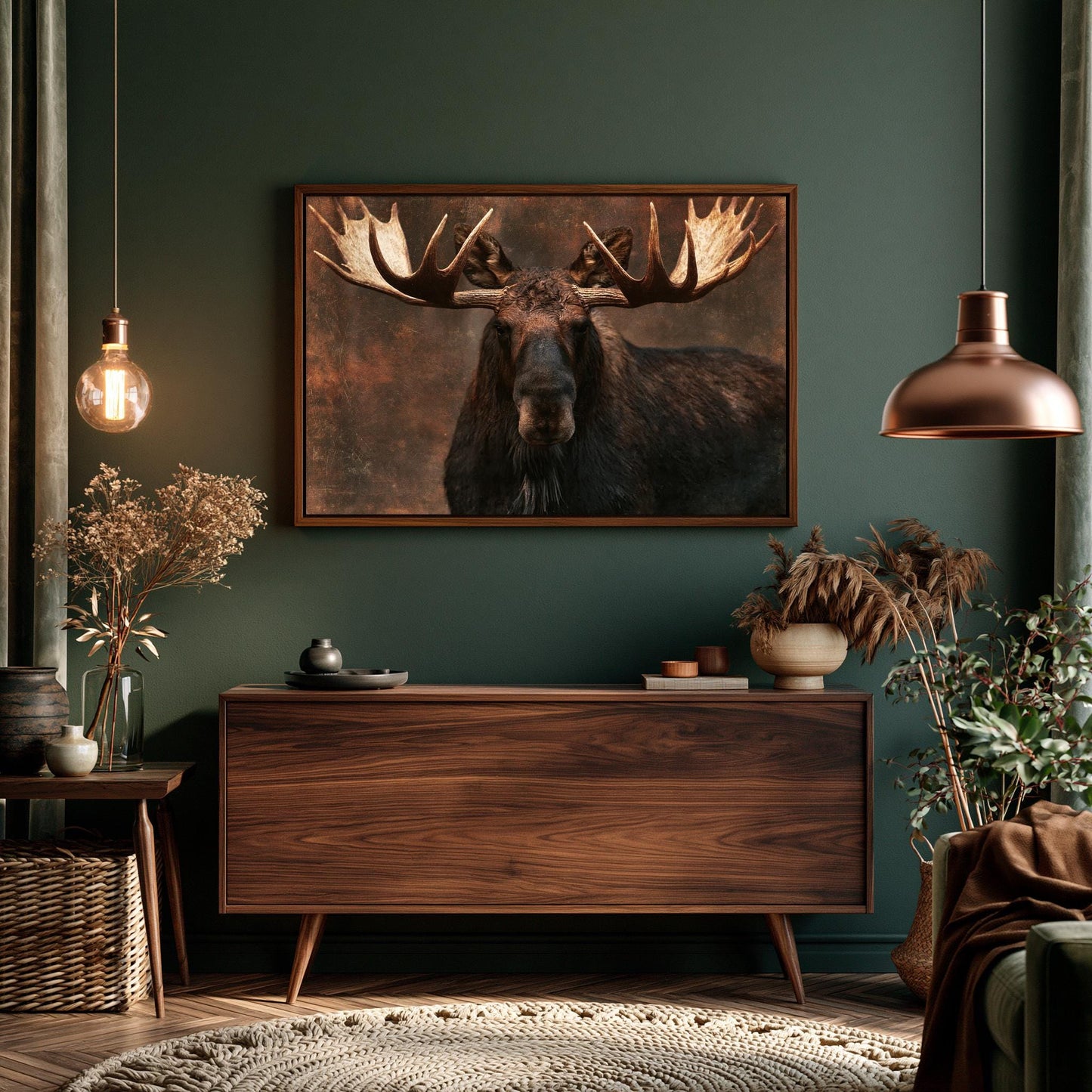a large wooden dresser with a framed picture of a moose hanging above it. The moose has large antlers and is the focal point of the room. The room also includes a potted plant, a vase, and a rug, creating a cozy and rustic atmosphere.