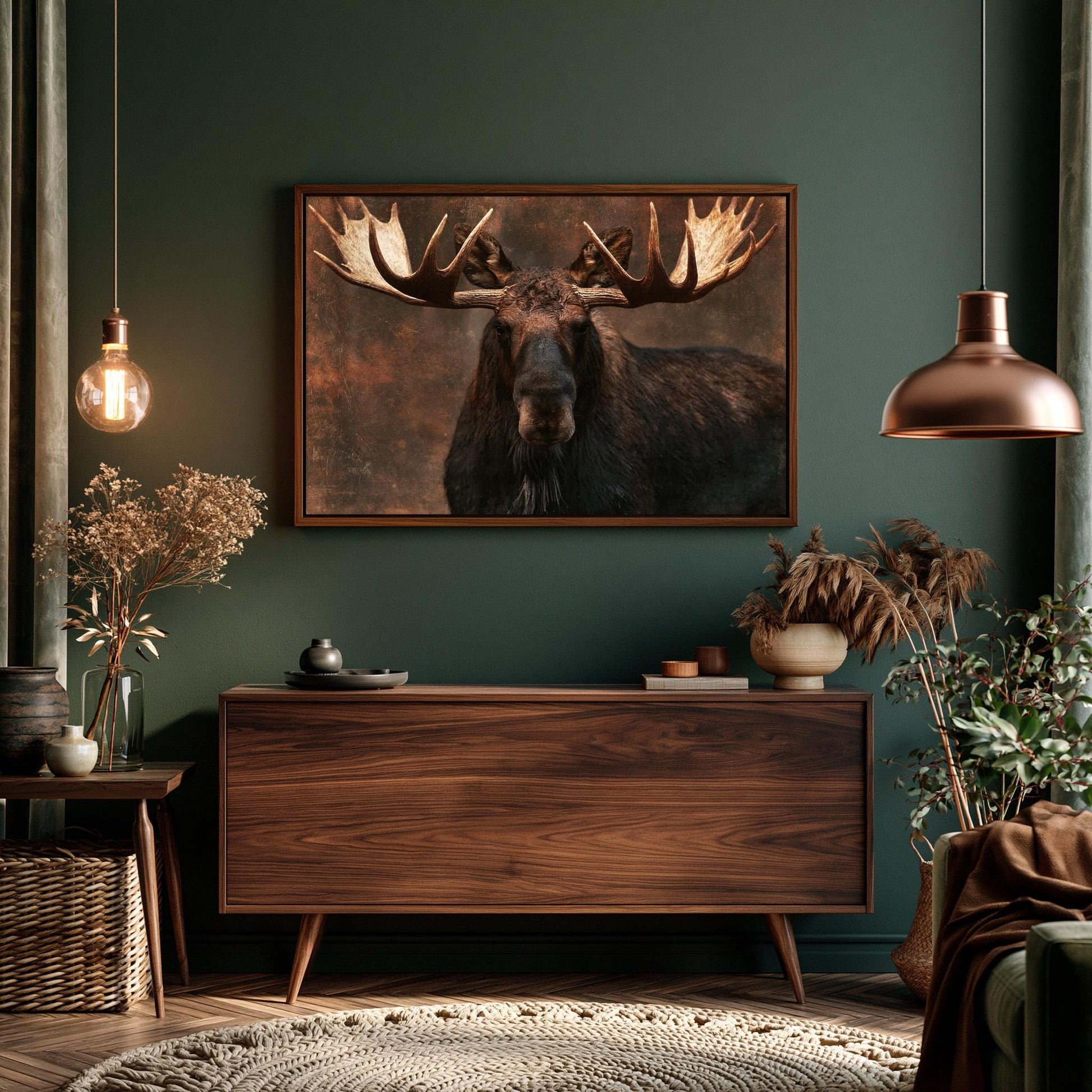 a large wooden dresser with a framed picture of a moose hanging above it. The moose has large antlers and is the focal point of the room. The room also includes a potted plant, a vase, and a rug, creating a cozy and rustic atmosphere.