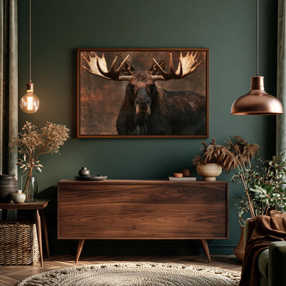 a large wooden dresser with a framed picture of a moose hanging above it. The moose has large antlers and is the focal point of the room. The room also includes a potted plant, a vase, and a rug, creating a cozy and rustic atmosphere.
