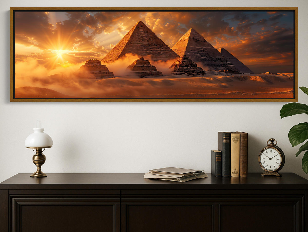 Pyramids at desert sunset canvas wall art, large framed painting of the pyramids of Giza at sunset, with a warm, golden glow