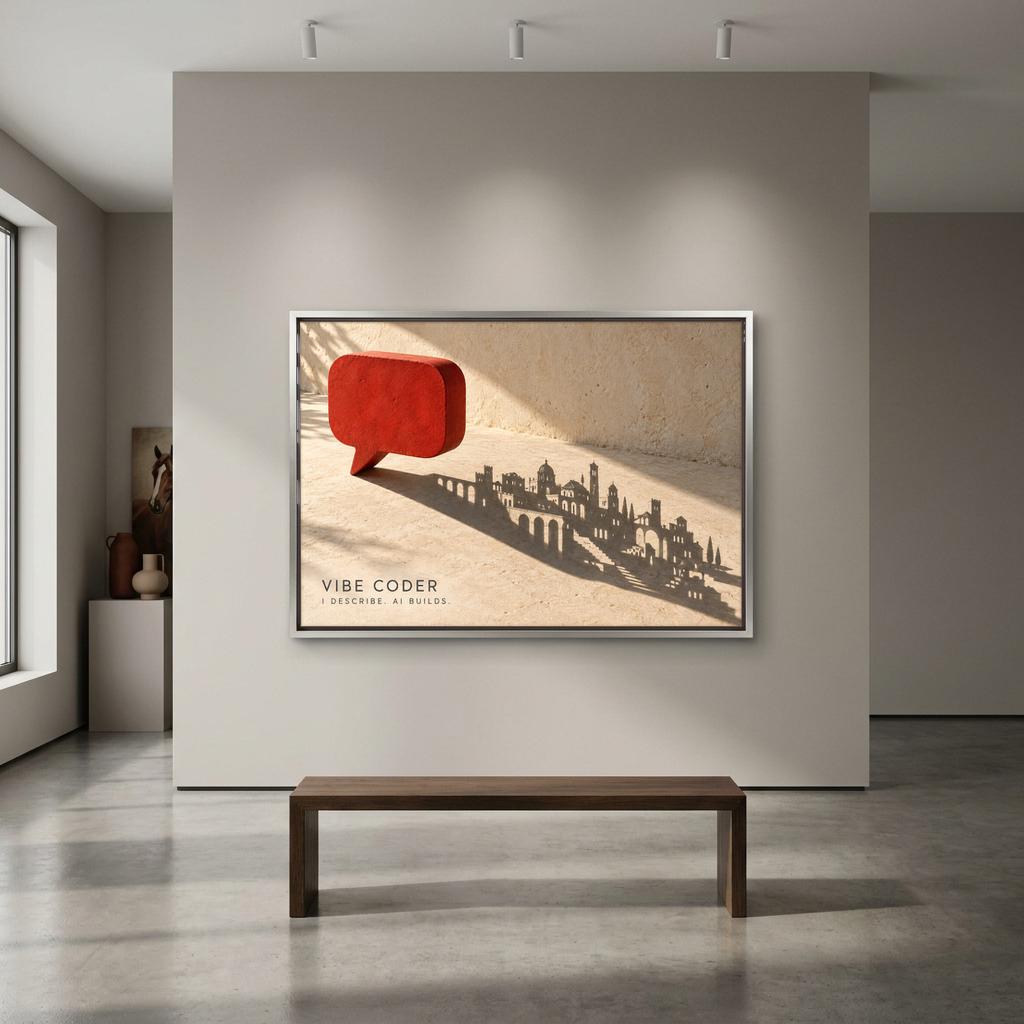 a large framed artwork hanging on a white wall in a minimalist room.