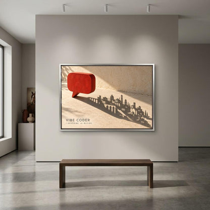 a large framed artwork hanging on a white wall in a minimalist room.