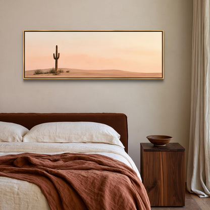 Lone cactus at peach dusk canvas wall art, desert landscape with a cactus in the foreground and a framed desert scene above