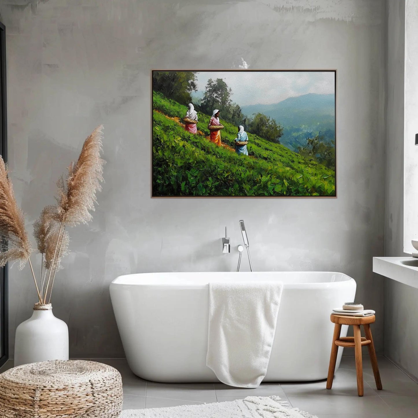 Kerala Tea Plantation Art canvas wall art shown in a bathroom