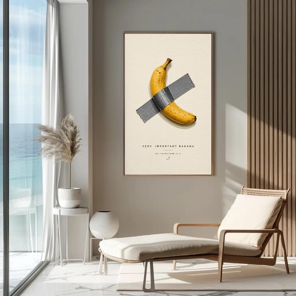 a large framed poster of a banana taped to a wall, with a minimalist and modern design.