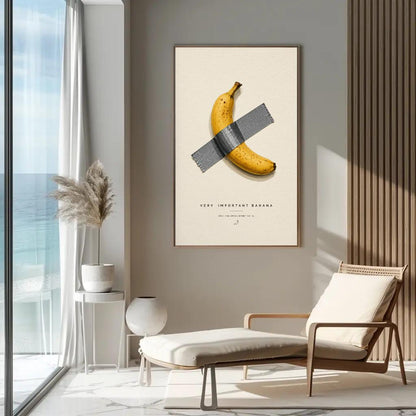 a large framed poster of a banana taped to a wall, with a minimalist and modern design.