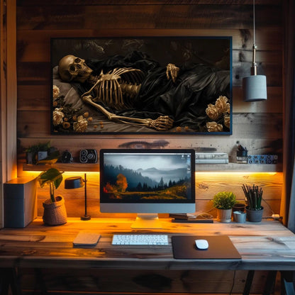 Victorian Sleeping Skeleton Gothic canvas wall art shown above a desk