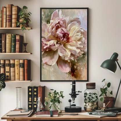 Blush Peony canvas wall art shown above a desk