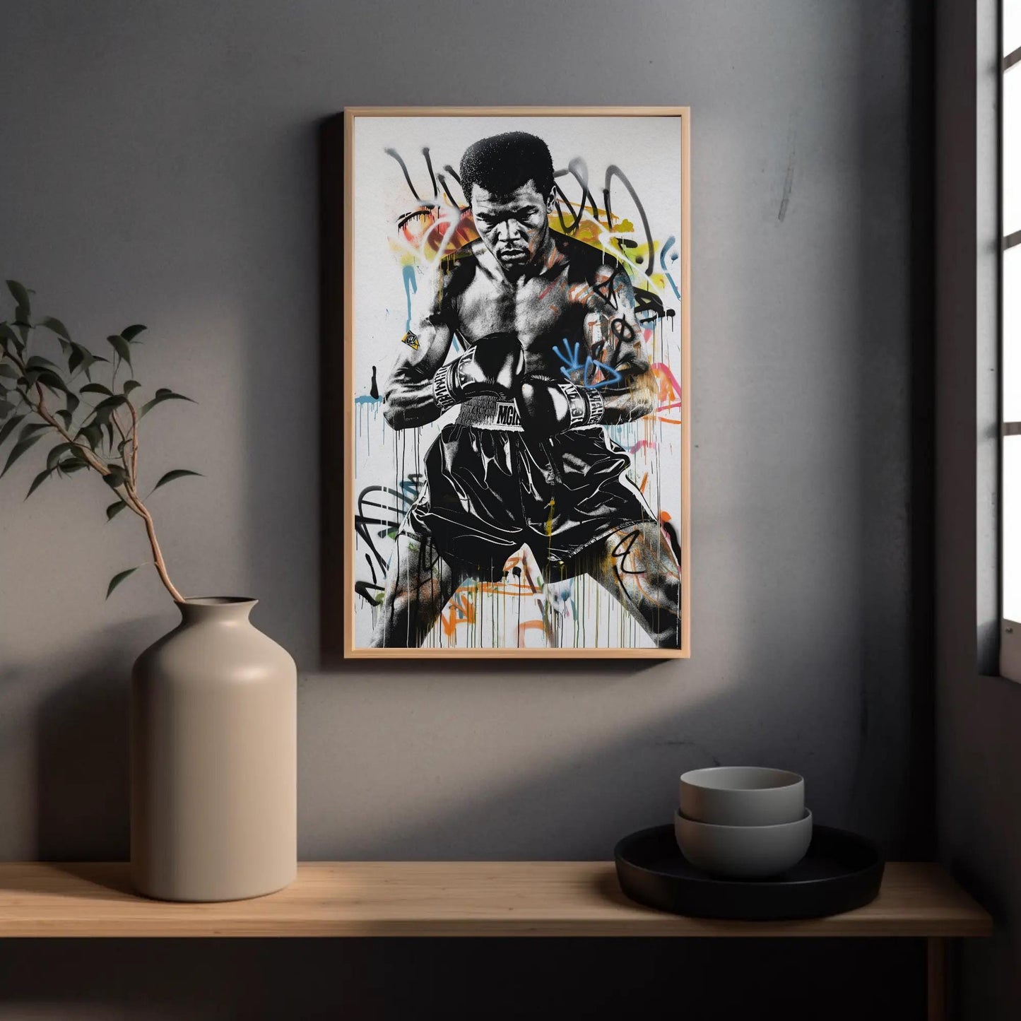 Muhammad Ali Graffiti canvas wall art shown in a styled room (view 2)