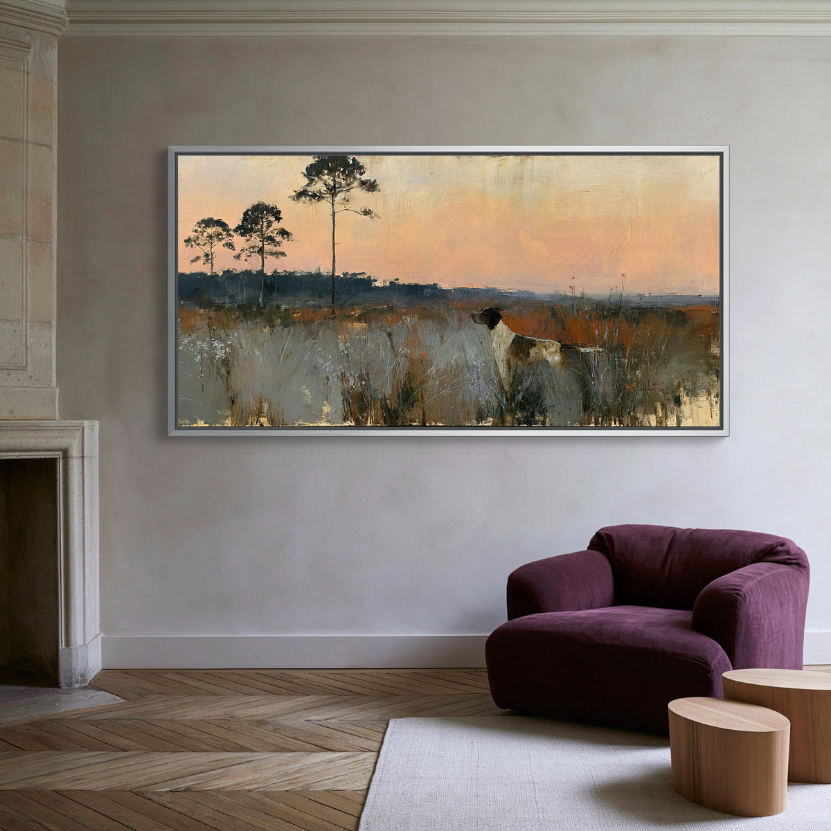 Pointer dog on point canvas wall art, large painting of a serene landscape with trees and a horse in the foreground, hanging