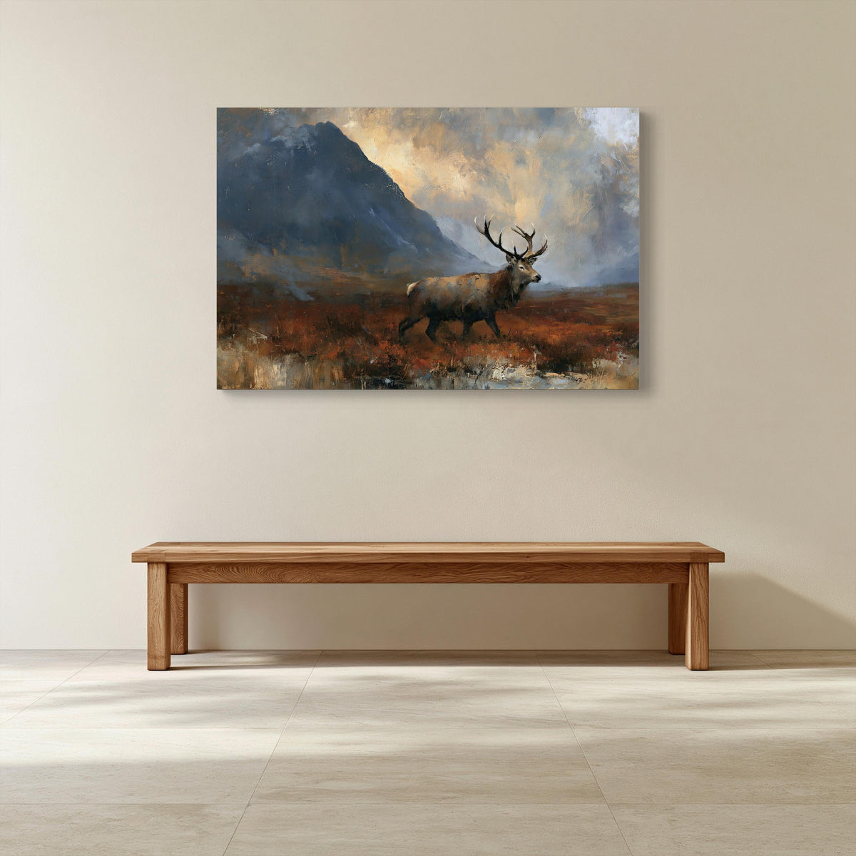 Red stag in the Highlands canvas wall art, large painting of a deer in a mountainous landscape, hanging on a wall above a