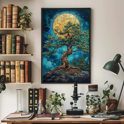 Mystic Pine canvas wall art shown above a desk
