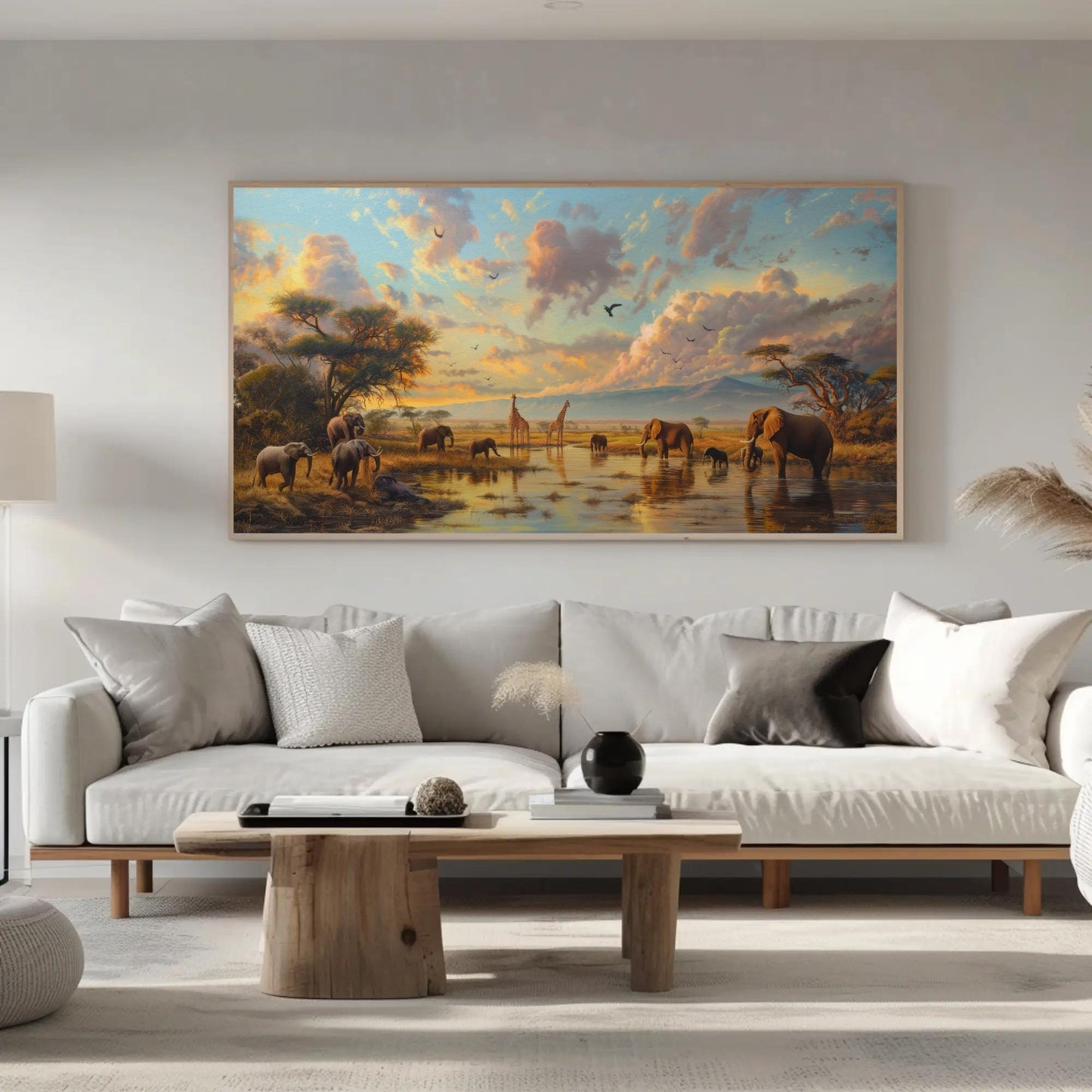 African Savannah , Giraffe Elephant Safari canvas wall art, ready to hang