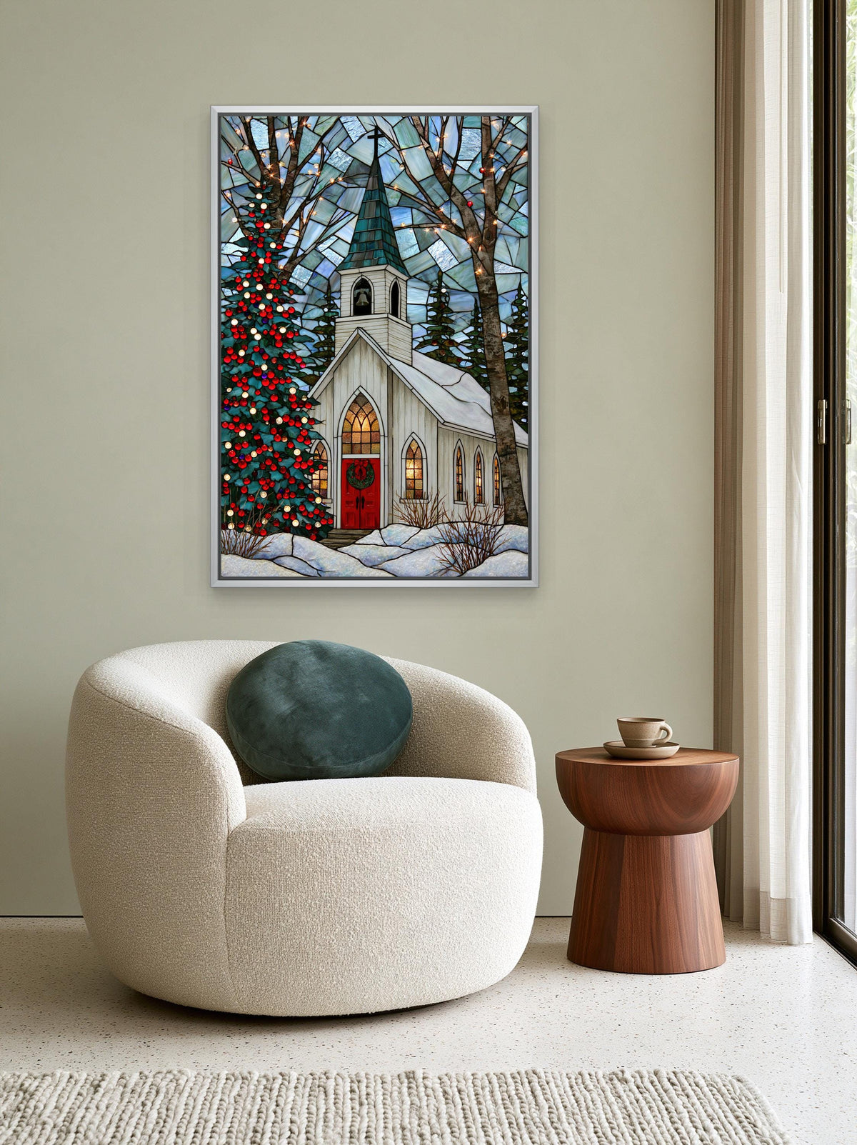 Christmas chapel stained glass canvas wall art, cozy living room with a white armchair, a wooden side table, and a framed