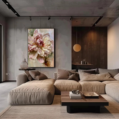 Blush Peony canvas wall art shown in a living room (view 2)