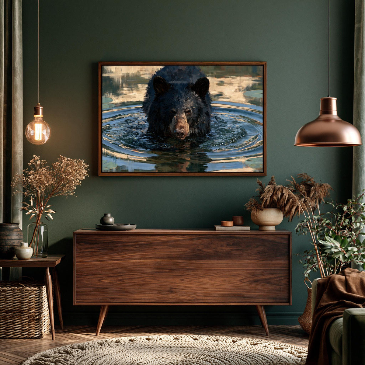 a large black bear swimming in a body of water, with a framed photograph of the bear hanging on the wall above a wooden dresser.