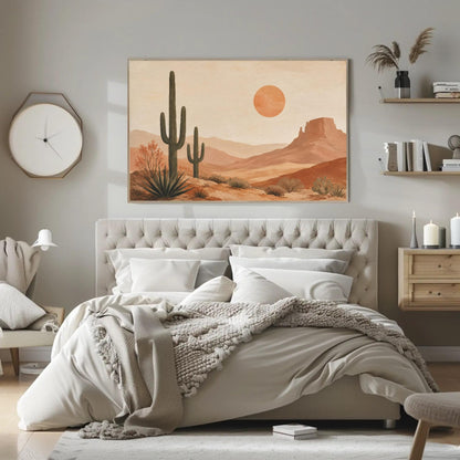 a serene bedroom scene with a large bed, a framed desert landscape painting on the wall, and various decorative elements such as a clock, a vase, and a plant.