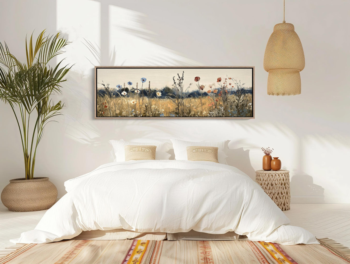 Retro Wildflowers , 70s Boho Floral canvas wall art shown in a bedroom (view 3)