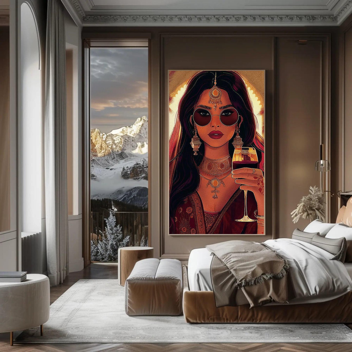 Modern Indian Woman Art canvas wall art shown in a bedroom