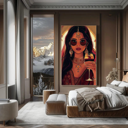 Modern Indian Woman Art canvas wall art shown in a bedroom
