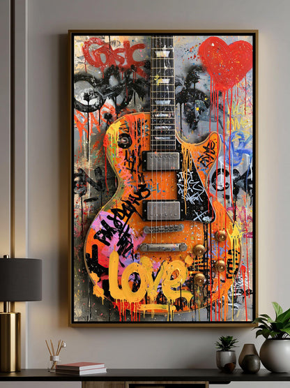 a vibrant and colorful graffiti-style artwork of an electric guitar, with the word "love" prominently displayed on the guitar. The artwork is framed and hung on a wall, creating a striking visual focal point in the room.