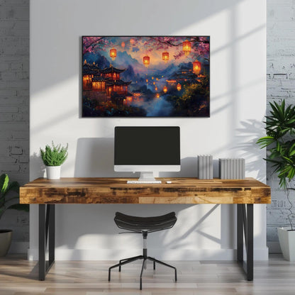 Chinese Village , Misty Mountain Lantern canvas wall art shown above a desk