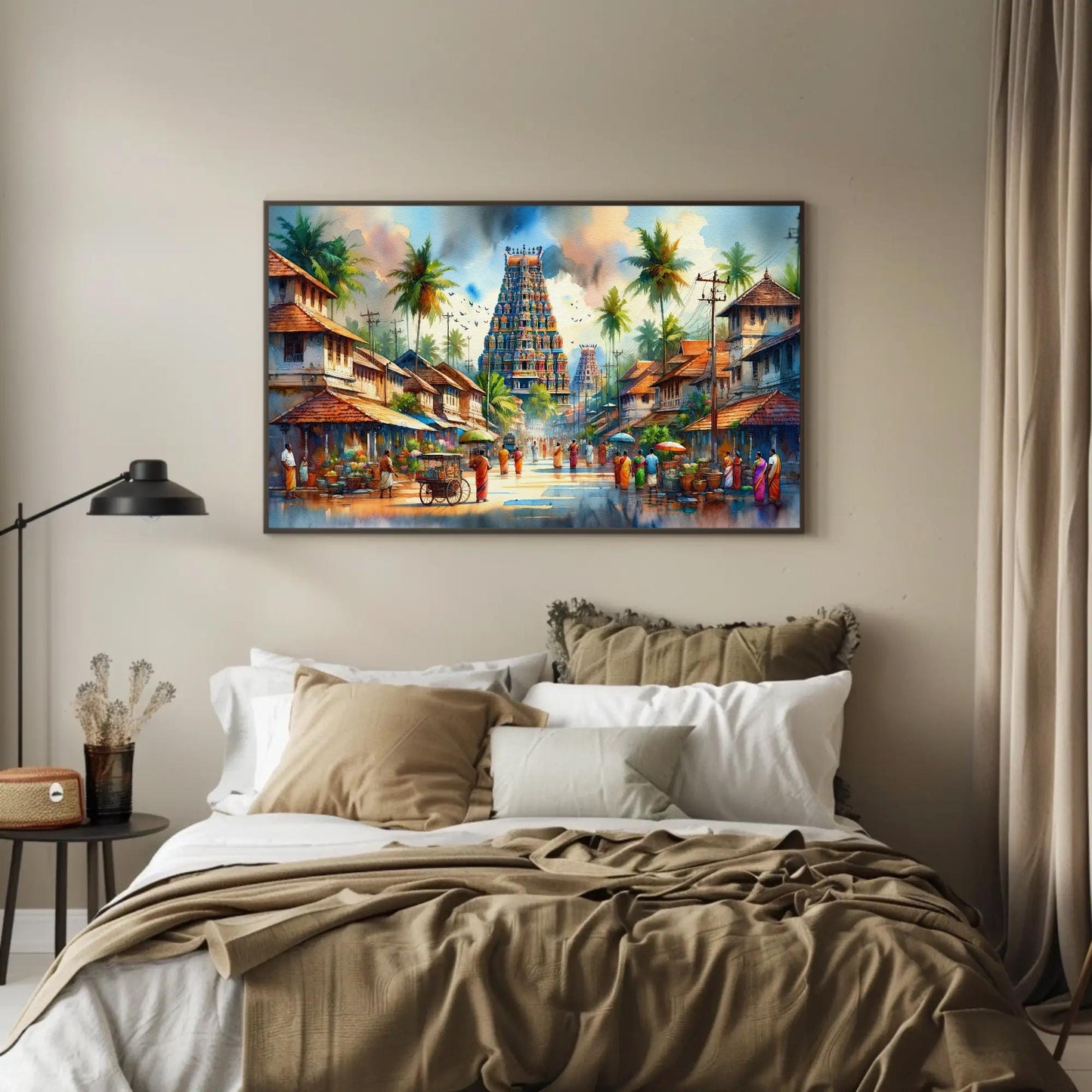 South India Temple , Authentic Landscape canvas wall art shown in a bedroom