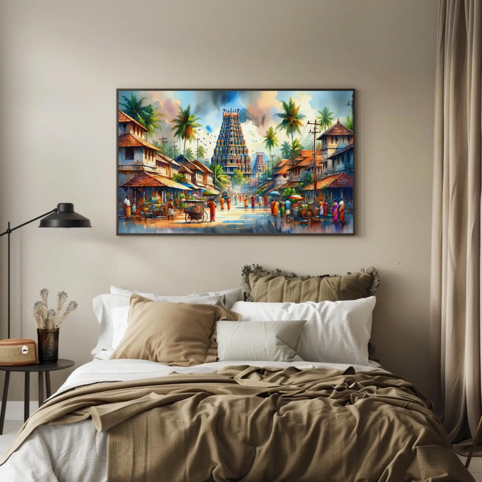 South India Temple , Authentic Landscape canvas wall art shown in a bedroom