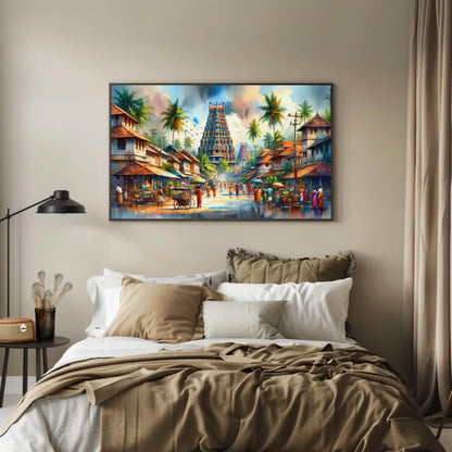 South India Temple , Authentic Landscape canvas wall art shown in a bedroom