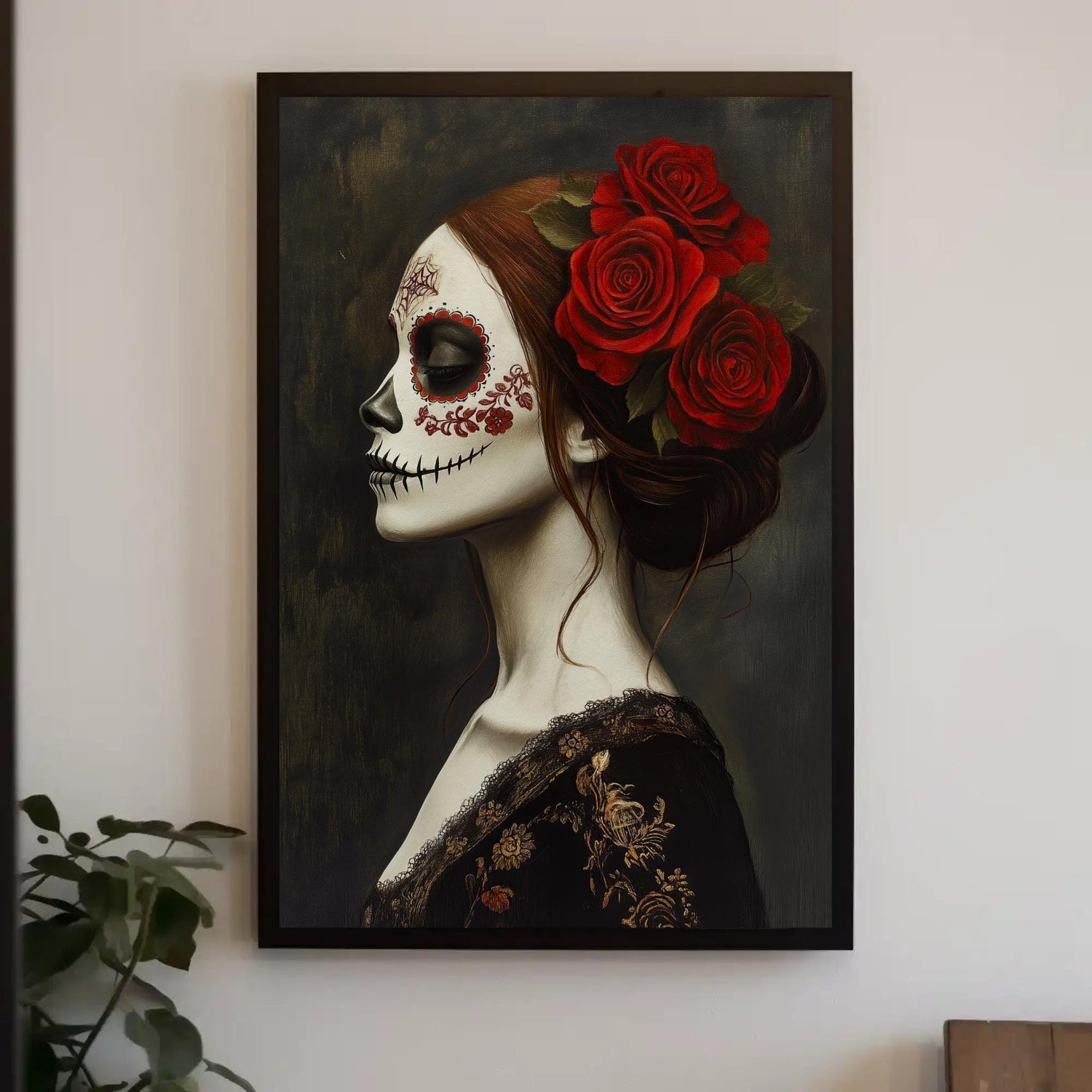 Day of the Dead Wall Art, Sugar Skull Canvas with Red Rose Crown, Mexican Decor