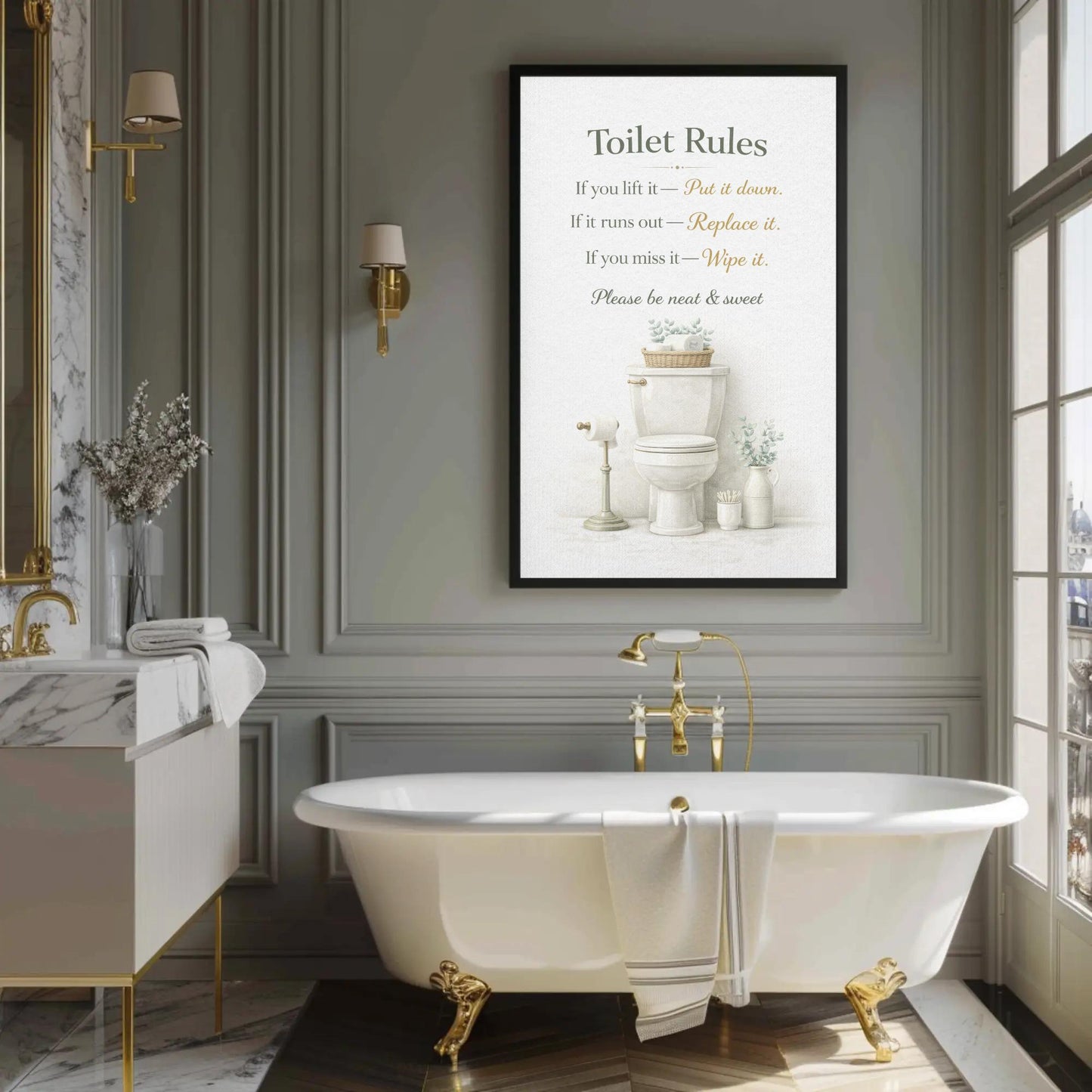 Toilet Rules canvas wall art shown in a bathroom