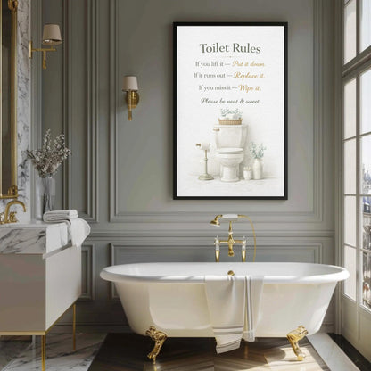 Toilet Rules canvas wall art shown in a bathroom