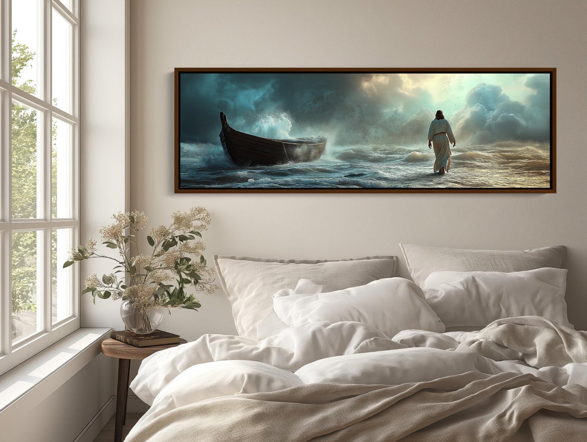 Jesus Walking on Water , Christian Faith canvas wall art shown in a styled room (view 3)