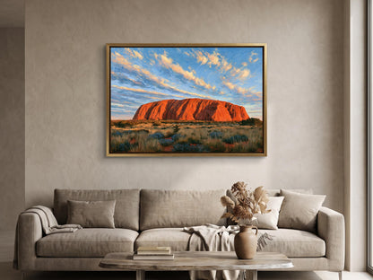 a large framed painting of Uluru, a famous red rock formation in Australia, hanging on a wall above a beige sofa in a living room.