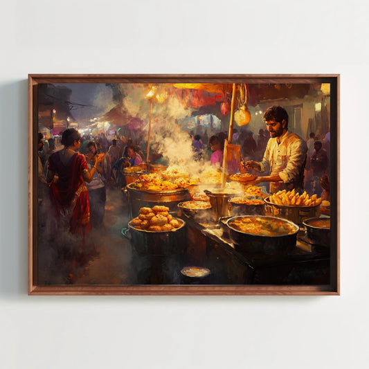a painting of a man cooking food on a grill