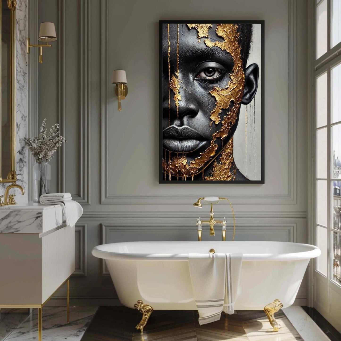 Black Boy Gold Portrait canvas wall art shown in a bathroom